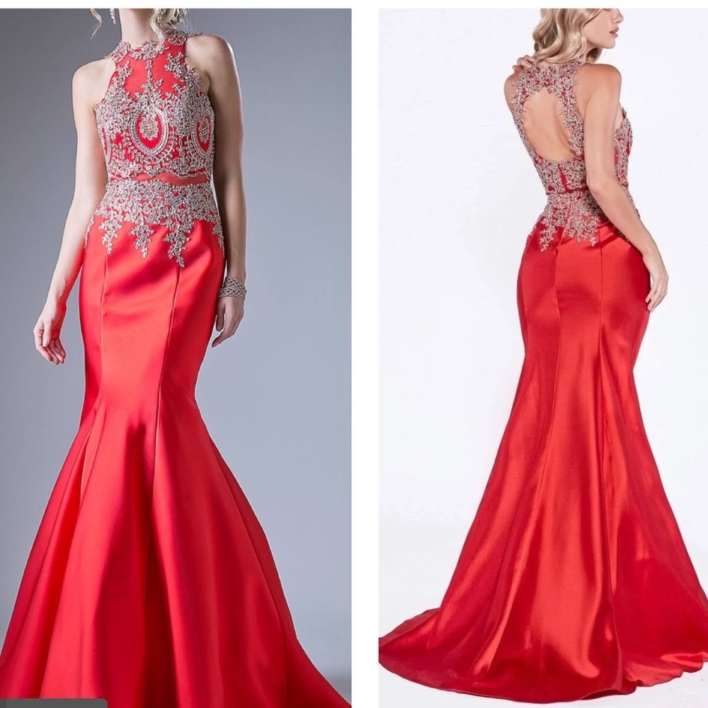 Embroidered Bodice Mermaid Gown Cut Out Back by Cinderella Divine 8934